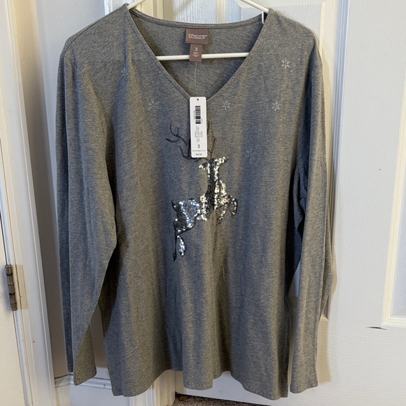 Chico's Tops - Chico's Silver Sequin Reindeer Long Sleeve Top